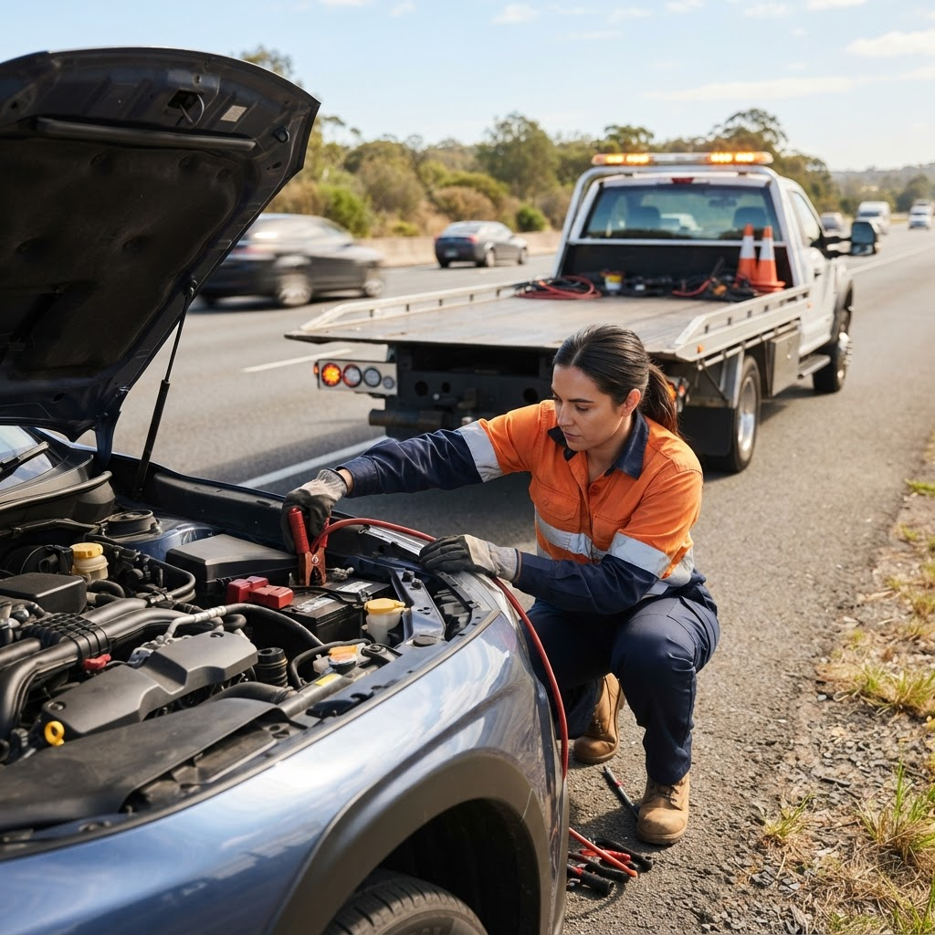 Technician connecting jumper cables to a car battery