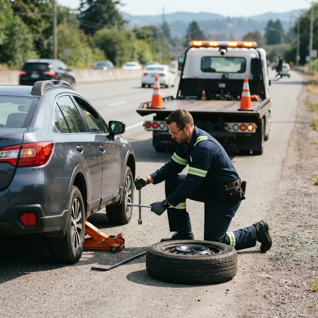 Technician changing a flat tire on the roadside